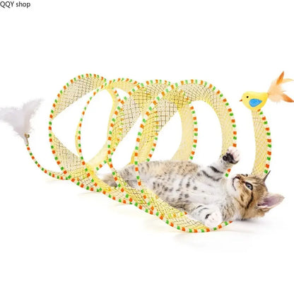【Summervibes】Spiral Tunnel Cat Toy, Collapsible Spring Cat Tunnel with Feather & Bell, 20 Inch Foldable Indoor Kitten Self Play Toy, Interactive Stimulating Pet Accessory, Durable Fun Play Tunnel for Indoor Cats & Small Pets